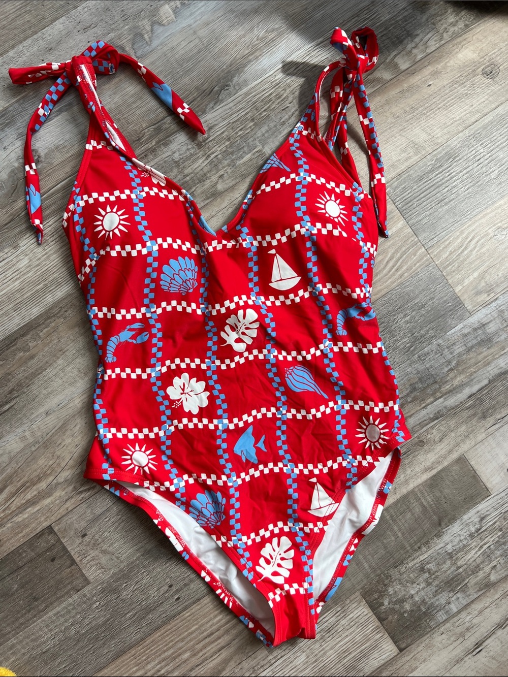 LOFT Red One-Piece Swimsuit with Blue and White Nautical Print